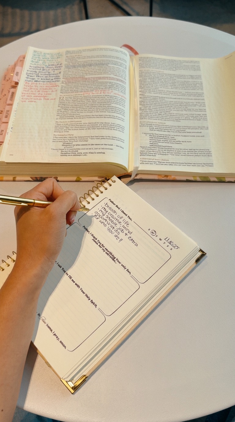 Open Bible and prayer journal with handwritten notes