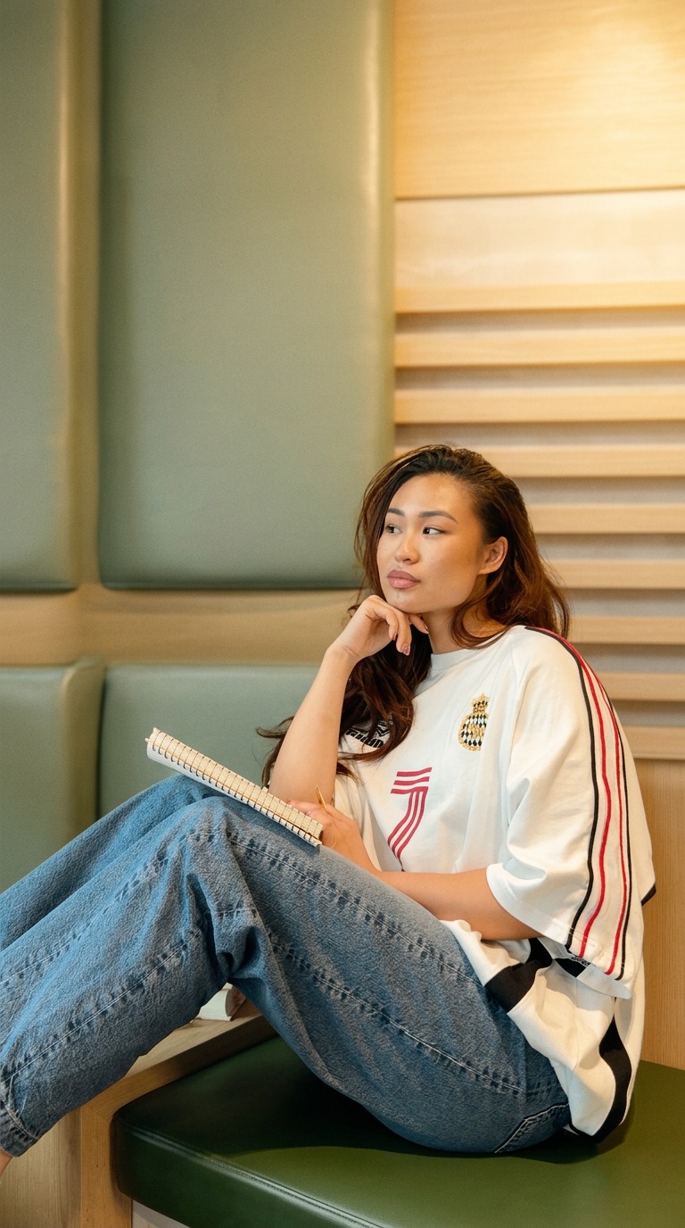 Woman holding her prayer journal in a warm earthy booth setting
