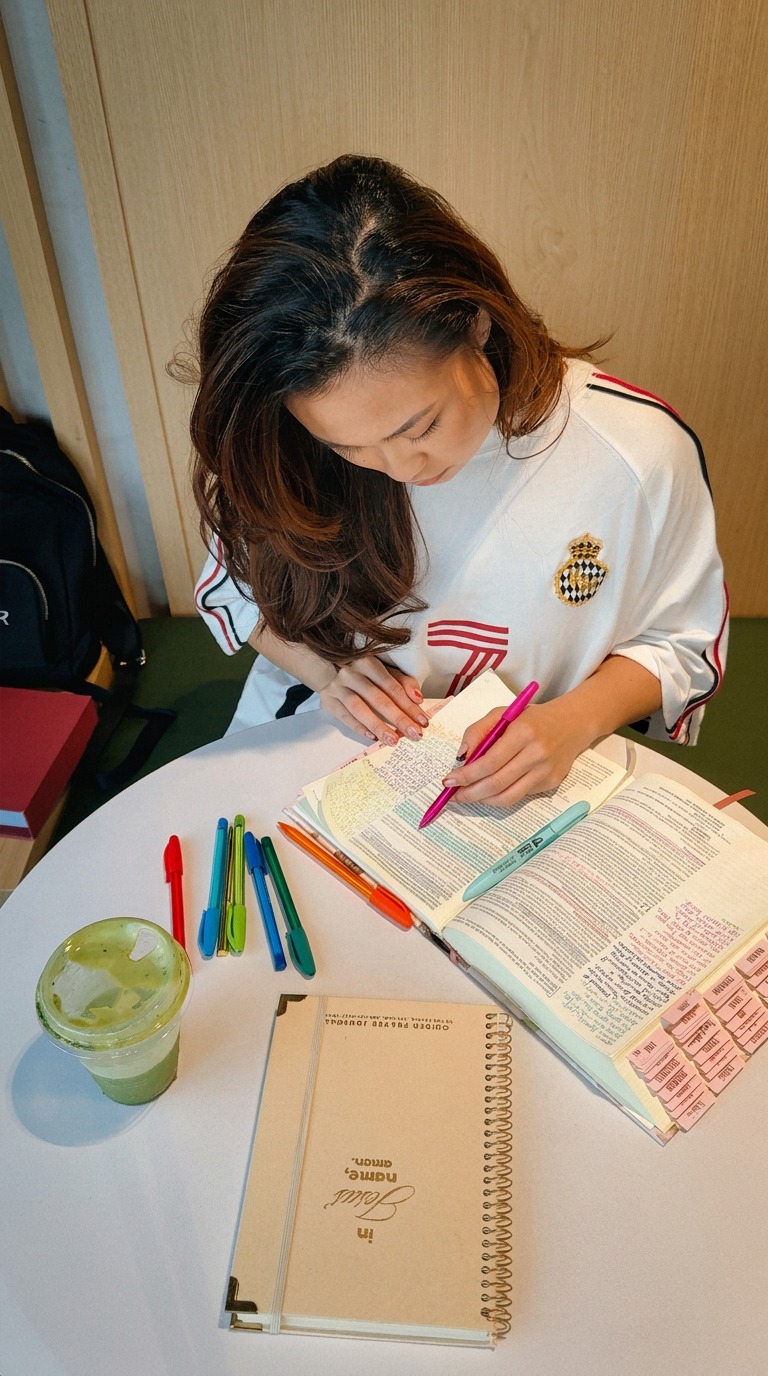 Woman studying scripture with her journal, Bible, pens, and matcha latte